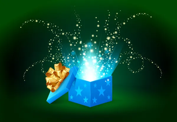 Wunderschönes magisches Licht, das aus einer blauen Geschenkbox leuchtet — Stockvektor