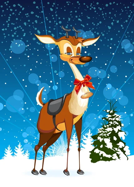 Christmas card with reindeer and Christmas tree — Stock Photo, Image