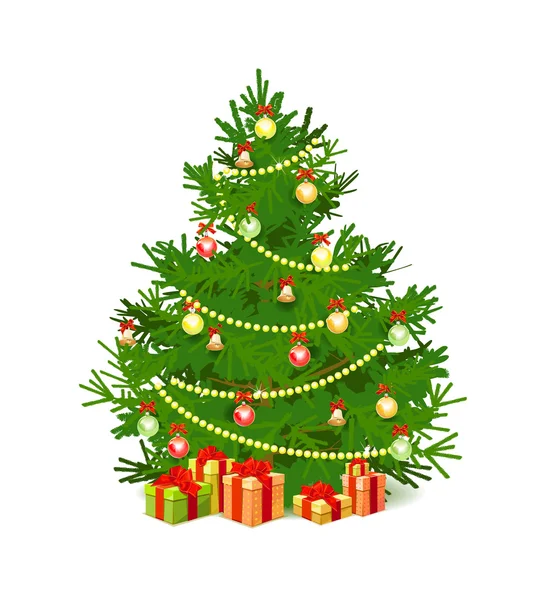 Gåvor under en vacker och dekorerad julgran — Stock vektor