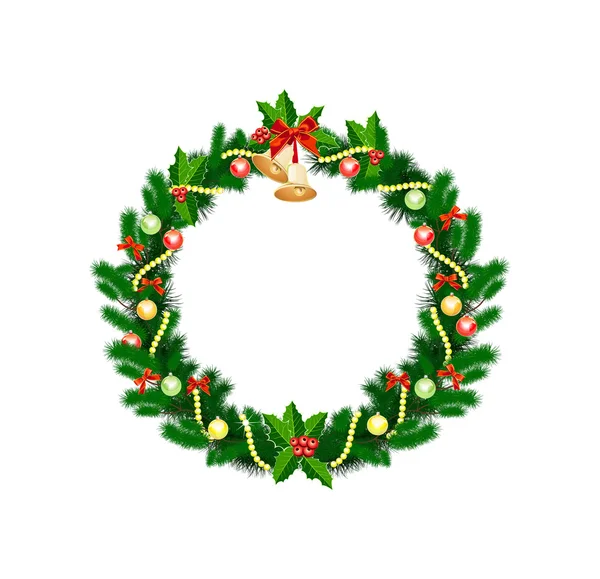 Corona de Navidad con adornos y árbol de Navidad — Vector de stock