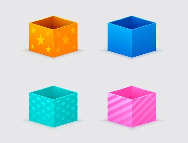 Quatre boîtes-cadeaux de couleur orange, bleue, turquoise, rose — Image vectorielle