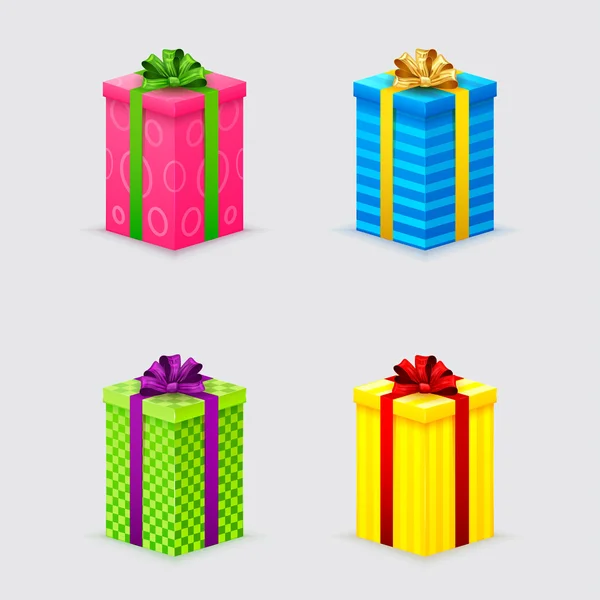 Cuatro cajas de regalo sin abrir con cintas y arcos con tapas — Vector de stock