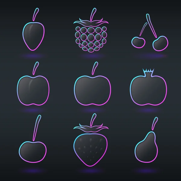 Iconos fluorescentes de frutas de neón — Vector de stock