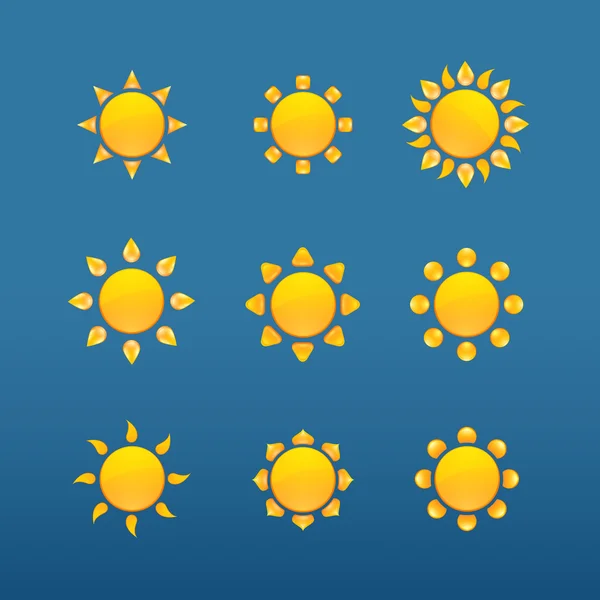 Žluté slunce vektorové ikony izolovaných na modrém pozadí — Stockový vektor