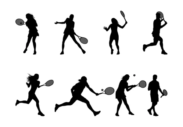 Tenis oyuncusu siluetleri ve gölgeler — Stok Vektör