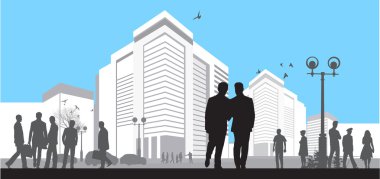 Mavi gökyüzü arka plan üzerinde birçok silhouettes