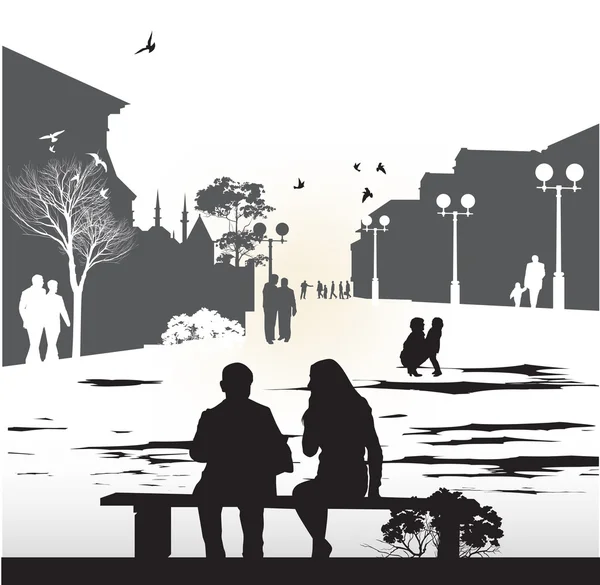 Couple assis sur un banc — Image vectorielle