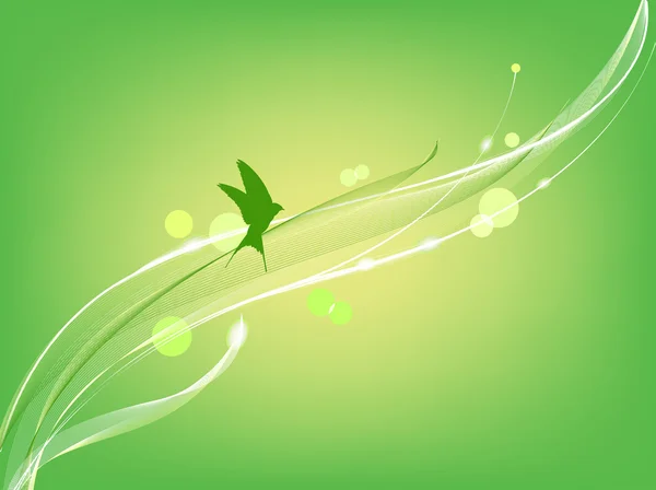 El pájaro vuela sobre el fondo verde abstracto — Vector de stock