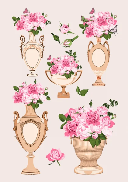 Collection de vases, roses sur fond rose — Image vectorielle