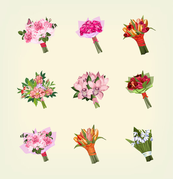 set of many bouquets of flowers
