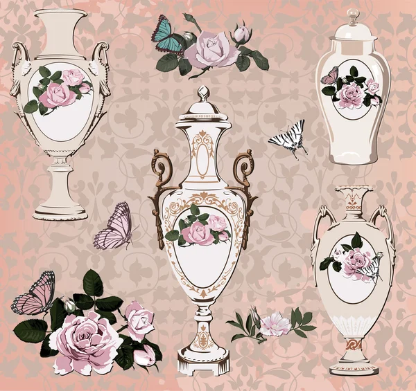 Collection de vases, roses et papillons — Image vectorielle