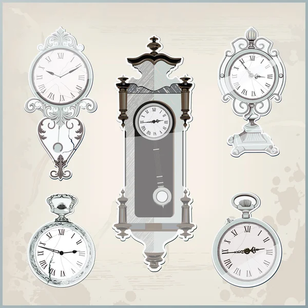 Set van vele vintage retro klokken — Stockvector