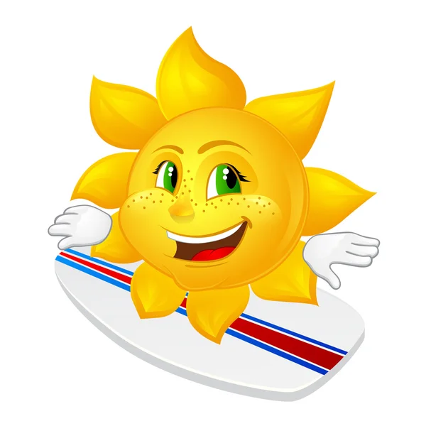 Cartoon sun with freckles on surfboard — Stock Vector