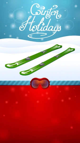 Зимові канікули зелені лижі та червоні лижні окуляри — стоковий вектор