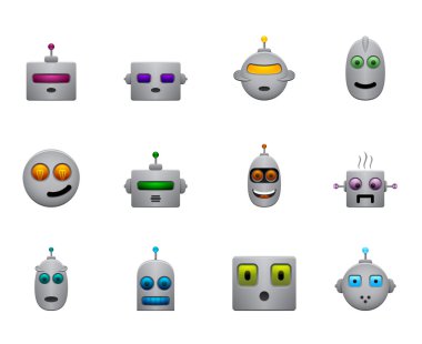 komik retro robotlar smilies kümesiyle renkli yüzler