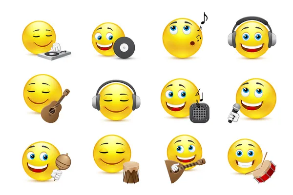 Emoticons mit verschiedenen Musikinstrumenten dargestellt — Stockvektor