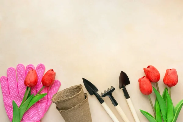 Gartengeräte, Pflanztöpfe und Tulpen auf beigem Hintergrund, Platz für Text — Stockfoto