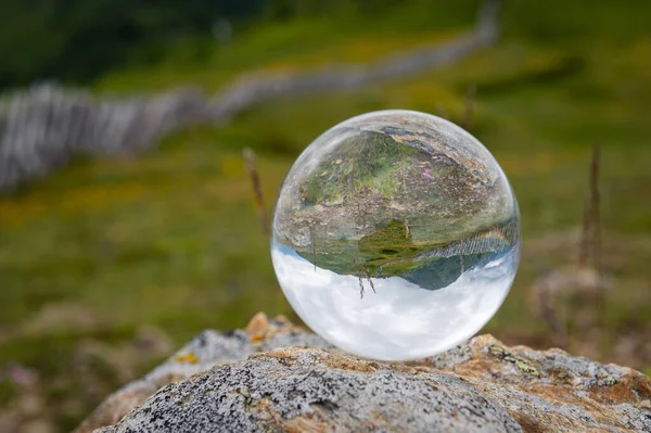 Glass Ball Lying Rock Pasture Traditional Wooden Fence Top Mountain — Stock Photo, Image