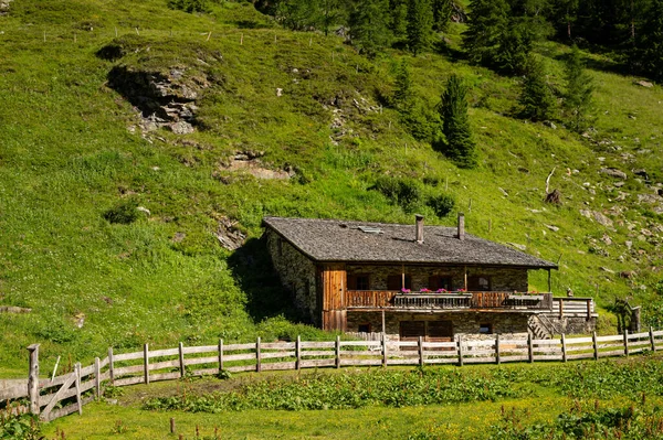 Starý Malý Dřevěný Domek Alpách Slunečný Letní Den Východní Tyrolsko — Stock fotografie