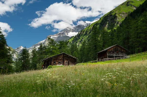 Viejas Casitas Madera Los Alpes Día Soleado Verano Tirol Oriental — Foto de Stock
