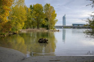 Sonbaharda güneşli bir günde gökdelenli Tuna Nehri (Avusturya))
