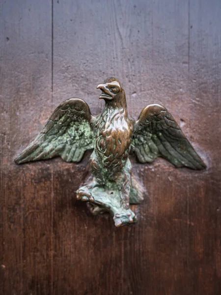 Fecho Uma Maçaneta Porta Bronze Uma Porta Marrom Veneza Itália — Fotografia de Stock