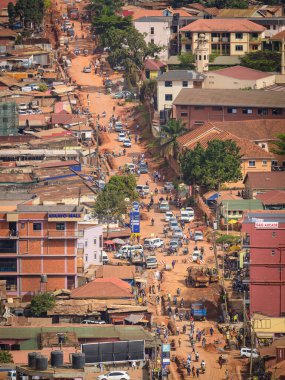 Kampala, Uganda - May 20, 2022: Busy street in Kampala in June, aerial view