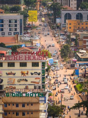 Kampala, Uganda - May 20, 2022: Busy street in Kampala in June, aerial view