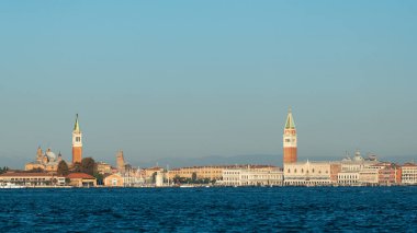 Venice, Italy - October 30, 2021: The lagoon of Venice with campanile and doge palace, sunny day in autumn
