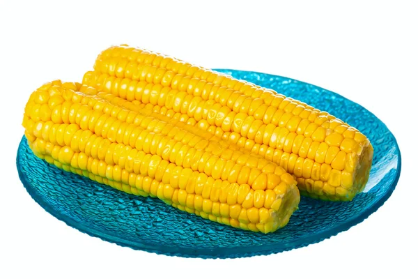 파란색 접시에 옥수수 — 스톡 사진