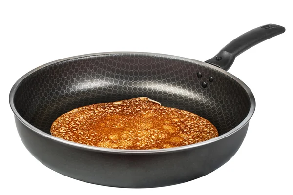 Hot pancake in frying pan — Stock Photo, Image