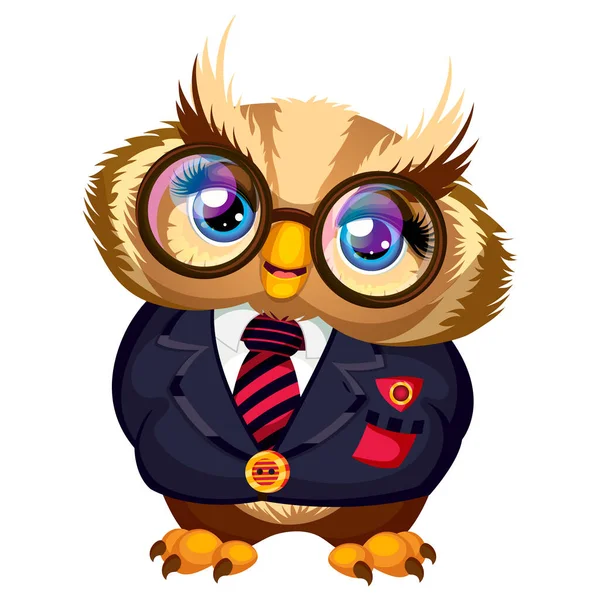 Krásná sova s brýlemi, kravatou a tmavomodrým oblekem. — Stockový vektor