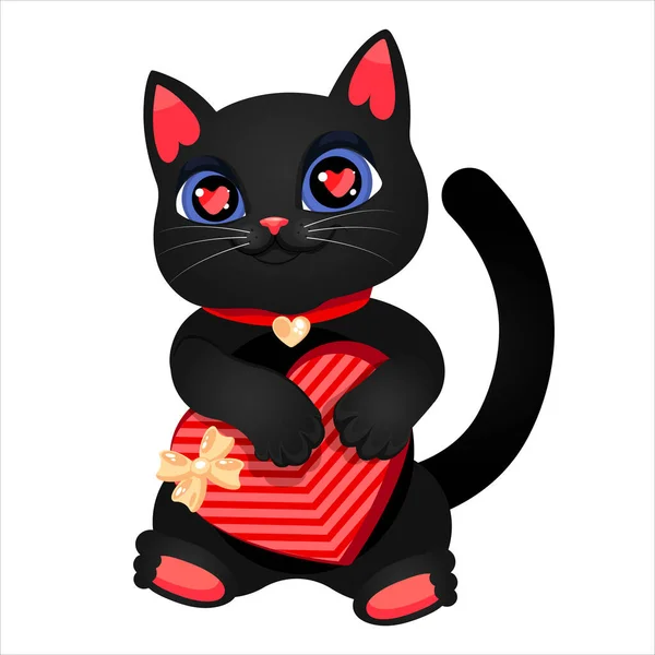 Cute black cat with a red heart-shaped gift box isolated on white background. — Stock Vector