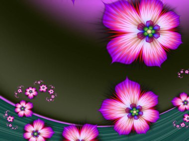 Çiçekli mor fraktal çizim. Tasarım için yaratıcı bir unsur. Matematik algoritmasıyla elde edilen fraktal çiçek. Yaratıcı grafik tasarımı için dijital çizimler.