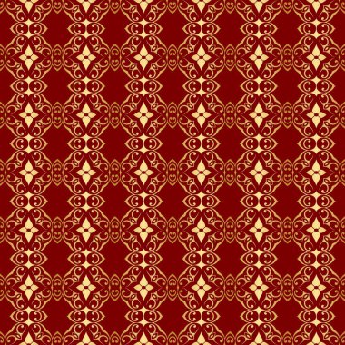 Düzenli süslemeleri olan kırmızı altın desenli.
