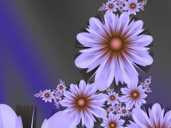 Purple fractal illustration background with flower. Creative element for design. Fractal flower rendered by math algorithm. Digital artwork for creative graphic design.