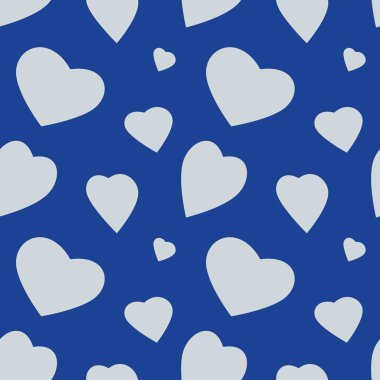 Kalpli, mavi ve beyaz arkaplan. Baskı için kusursuz bir doku gibi kalp. Kalp şeklindeki soyut şablon tekrarlanıyor