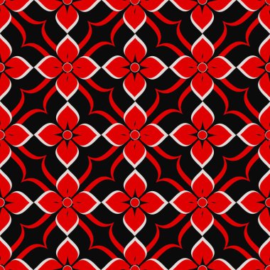 Çiçeksiz arka plan. Soyut çiçek desenli kırmızı siyah doku. Tasarım tekrarlanıyor.