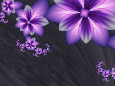 Çiçekli mor fraktal çizim. Tasarım için yaratıcı bir unsur. Matematik algoritmasıyla elde edilen fraktal çiçek. Yaratıcı grafik tasarımı için dijital çizimler.