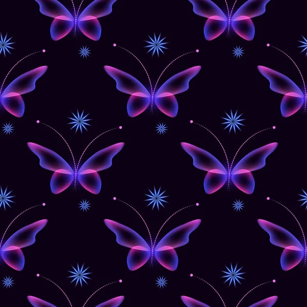 Glowing Background Magic Butterflies Neon Butterflies Glowing Blooms Seamless Pattern — Stock Photo, Image