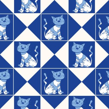 Mavi kedilerin çizgi filmlerdeki gibi kusursuz bir geçmişi var. Neşeli bir desen gibi. Kedi ve çiçeklerle normal bebek dokusu.