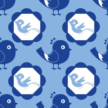 Çocuklar için mavi ve beyaz arkaplan şeklinde kusursuz bir çizgi film. Klasik güdüleri olan kusursuz desenli fayanslar.