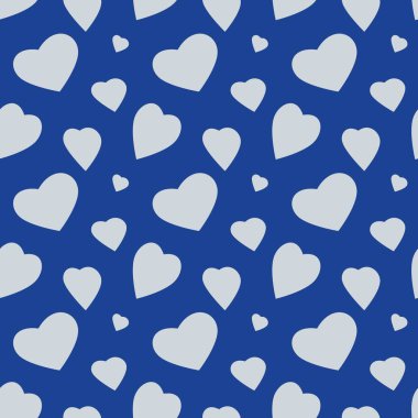 Kalpli, mavi ve beyaz arkaplan. Baskı için kusursuz bir doku gibi kalp. Kalp şeklindeki soyut şablon tekrarlanıyor