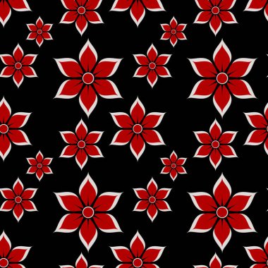 Çiçeksiz arka plan. Soyut çiçek desenli kırmızı siyah doku. Tasarım tekrarlanıyor.