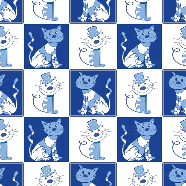 Cartoon seamless background with blue cats, like a cheerful pattern. Regular baby texture with cats and flowers.