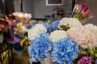 Çok sayıda farklı çiçek jölesiyle yakın plan renkli bahar çiçeği..