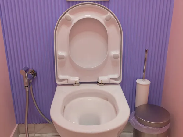 Μοντέρνα κεραμική τουαλέτα μπολ κοντά σε χρώμα τοίχου στο αποχωρητήριο. — Φωτογραφία Αρχείου