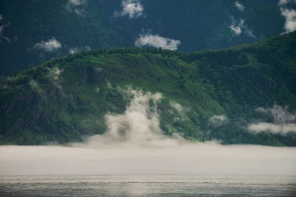 Kabut di lembah pegunungan. Kabut pagi di atas danau di pegunungan Altai . — Stok Foto