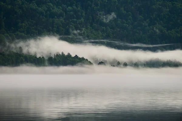 Köd-hegy völgyében. Reggeli köd a tóra, az Altaj-hegység. — Stock Fotó
