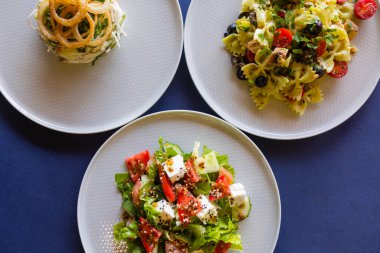 Bir sürü salata manzaralı bir masa. Beton masada farklı salatalar, üst manzara. Sebze salatası, füme somon salatası, ceviche ve stracciatella..